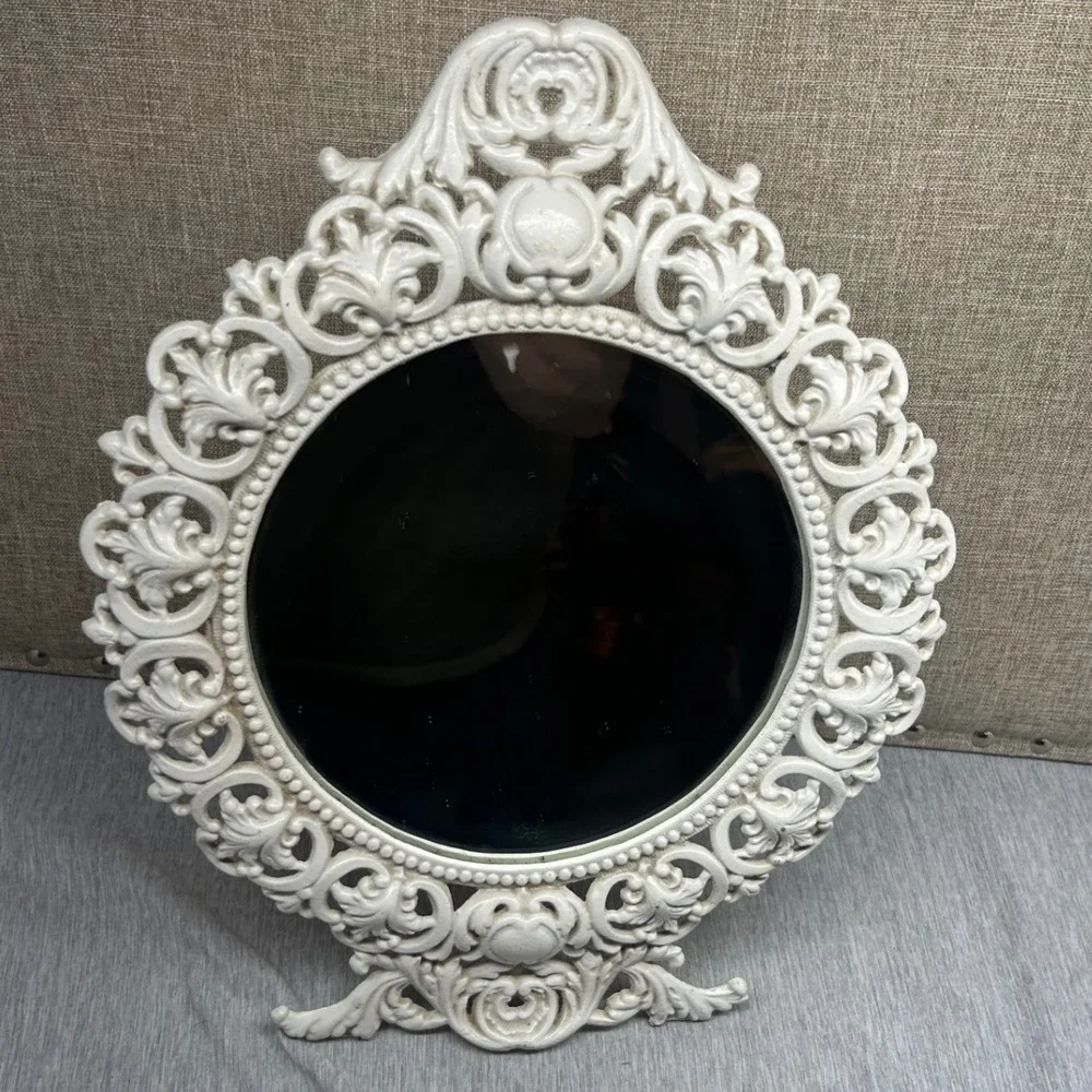 Vintage White Ornate Cast Metal Tabletop Vanity Mirror Rococo Scrollwork 12.5in‎